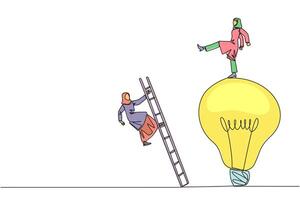 Single continuous line drawing Arab businesswoman kicks opponent who climbs lightbulb with a ladder. Dropping colleague because don't have bright ideas. Traitor. One line design illustration vector