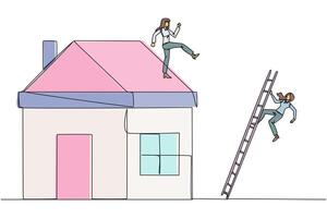 Single continuous line drawing businesswoman kicks opponent who climbs a miniature house with stairs. Metaphor of fraud committed by house developers. Bad business. One line design illustration vector
