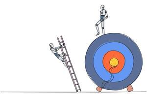Single one line drawing the robot kicks colleague who is climbing the target arrow board with a ladder. The metaphor of getting rid of business destroyers. Continuous line design graphic illustration vector
