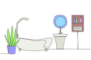 Single continuous line drawing mini bathtub with shower and sink. Simple layout at bathroom. Classic that gives an elegant impression. The bathroom is kept clean. One line design illustration vector