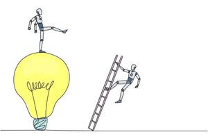 Single one line drawing smart robot kicks opponent who climbing the lightbulb with a ladder. Dropping colleague because don't have bright ideas. Traitor. Continuous line design graphic illustration vector