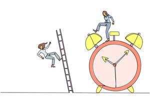 Single continuous line drawing businesswoman kicks opponent who climbs the alarm clock with ladder. Arrogance. No need for colleagues to complete many deadlines. One line design illustration vector