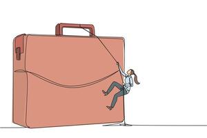 Single continuous line drawing businesswoman climbs briefcase with rope. A metaphor for building a business from scratch. Growing and having many relationships. One line design illustration vector