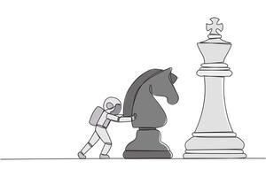 Continuous one line drawing young energetic astronaut push huge horse chess piece. Business strategy, marketing plan. Strategic move in business concept. Single line draw design illustration vector
