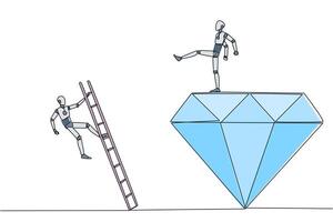 Single continuous line drawing smart robot kicks rival who is climbing the diamond with a ladder. Knocking rival down from achieving a glorious position together. One line design illustration vector