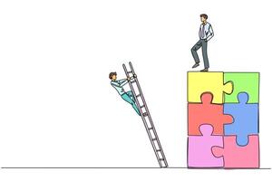 Continuous one line drawing businessman kicks opponent who climbing the puzzle with stairs. Betrayed by colleague when successfully resolving a problem. Single line draw design illustration vector