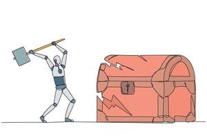 Continuous one line drawing smart robot preparing to hit big treasure chest. Rampage. Running out of capital. Steal. Doing dirty business. Not commendable. Single line draw design illustration vector