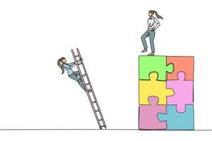 Single continuous line drawing businesswoman kicks opponent who climbing the puzzle with a ladder. Betrayed by colleague when successfully resolving a problem. One line design illustration vector