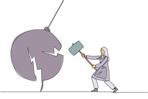 Single one line drawing Arab businesswoman preparing to hit swinging pendulum. Metaphor eliminate business distraction. Number one to be a business keeper. Continuous line design graphic illustration vector