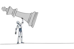 Single one line drawing smart robot future technology pulling big rook chess with rope. Business achievement goal, strategy, competitive, strategic concept. Continuous line design graphic illustration vector