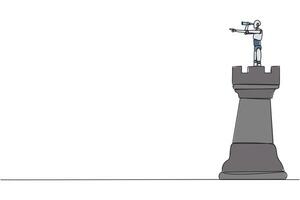 Continuous one line drawing robot future tech on top of big rook chess piece using monocular looking for success, opportunities, future business trends. Single line draw design illustration vector