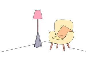 Single one line drawing stylish room with full furniture modern. A minimalist room with a trendy style. Comfortable sofa side by side with floor lamp. Cozy. Continuous line design graphic illustration vector