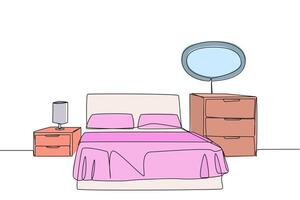 Single continuous line drawing stylish room with full furniture modern. Modern minimalist design. Equipped with a small lamp for lighting needs. Fully furnished. One line design illustration vector