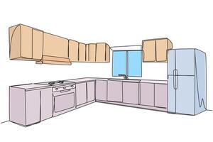 Single one line drawing stylish kitchen with full furniture modern. There is a huge two-door refrigerator that adds a luxurious impression to the kitchen. Continuous line design graphic illustration vector