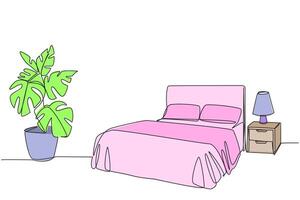 Single one line drawing stylish bed room with full furniture modern. Modern minimalist design. Comfortable bedroom with a comfortable mattress. Cozy room. Continuous line design graphic illustration vector