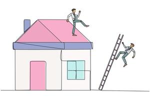 Single continuous line drawing businessman kicks opponent who climbs a miniature house with stairs. Metaphor of fraud committed by house developers. Bad business. One line design illustration vector