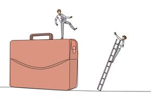 Single one line drawing businessman kicks opponent who is climbing the briefcase with a ladder. Keep away from intruders who disturb business trips. Rival. Continuous line design graphic illustration vector