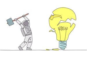 Continuous one line drawing young astronaut preparing to hit a big lightbulb. The thrashing anger. Failed to secure a brilliant business idea. Destruction. Single line draw design illustration vector