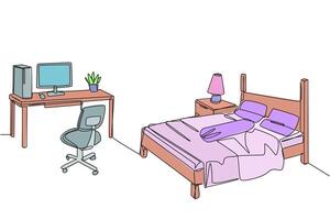 Continuous one line drawing stylish bedroom with full furniture modern. Spacious modern design. Equipped with a computer for technology needs. Cozy room. Single line draw design illustration vector