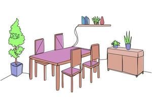 Single continuous line drawing old-style dining room. Made simple and modern with the presence of several additional decorative items. Vintage style dining table. One line design illustration vector