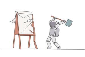 Single one line drawing young astronaut preparing to hit the big flip chart. Rampage. Destroy business reports that are not as desired. Anger exploded. Continuous line design graphic illustration vector