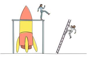 Single one line drawing businesswoman kicks opponent who climbing the rocket with a ladder. Failure to open the new business. Cheated by business friend. Continuous line design graphic illustration vector