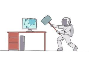 Single continuous line drawing young astronaut preparing to hit computer monitor on the work desk. Stocks that don't rise. Didn't get any profit. Anger escalated. One line design illustration vector