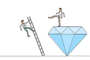 Single continuous line drawing businessman kicks rival who is climbing the diamond with a ladder. Knocking rival down from achieving a glorious position together. One line design illustration vector