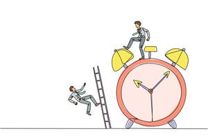 Continuous one line drawing businessman kicks opponent who climbs alarm clock with ladder. Arrogance. No need for colleagues to complete many deadlines. Single line draw design illustration vector