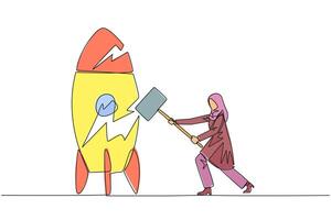 Single continuous line drawing Arabian businesswoman preparing to hit standing rocket. Rampage. Not ready to accept new technology. Not ready for competition. Lost. One line design illustration vector