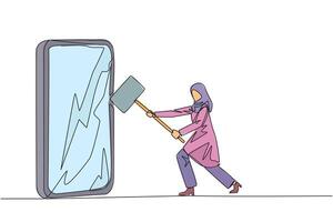 Single continuous line drawing Arabian businesswoman preparing to hit the big smartphone. Technology can destructive if not use properly. Intelligence is required. One line design illustration vector