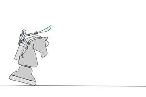 Single one line drawing robotic smart technology riding the big chess horse knight with sword. Strategy, business, competition, achievement goal concept. Continuous line design graphic illustration vector