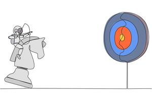 Single continuous line drawing young energetic astronaut holding archery aiming target while riding chess horse piece, strategic concept. Success business manager. One line design illustration vector