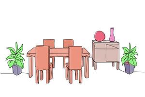 Single continuous line drawing stylish dining room with full furniture modern. Vintage style dining table. Additional decorative increase the feeling of comfort. One line design illustration vector