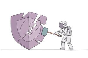 Continuous one line drawing astronaut preparing to hit shield. Rampage. System is undermined by business competitors. Unfair competition. Virus attack. Single line draw design illustration vector