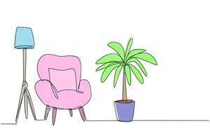 Single one line drawing stylish living room with full furniture modern. Clean for shared comfort. Comfortable armchairs with industrialist reading lamp. Continuous line design graphic illustration vector