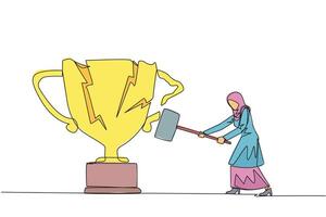 Single continuous line drawing Arabian businesswoman preparing to hit big trophy. Rampage. Expressing mounting anger. Smashing trophy with a sledgehammer. Failed. One line design illustration vector