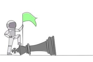 Single continuous line drawing young astronaut holds flag, defeat competitor in business as winning chess game. Strategy success using powerful move for advantage. One line design illustration vector