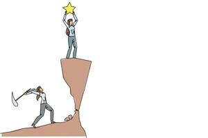 Single continuous line drawing businesswoman standing on a cliff lifting a star. Envious friend, eating away at success from the inside to fall down. The traitor. One line design illustration vector