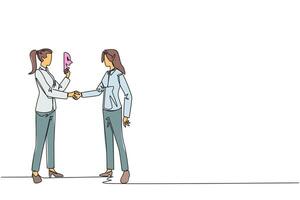 Single one line drawing two businesswomen shaking hands. One of them has two faces. Full of falsehood. Fake friend. Worst teamwork. Business betrayal. Continuous line design graphic illustration vector