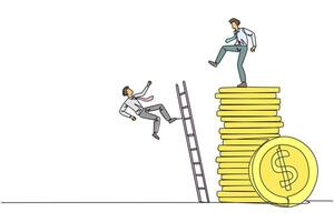 Single continuous line drawing businessman kicks opponent who climbing a pile of coins with a ladder. Greed for wealth. Forgetting comrades in arms. The traitor. One line design illustration vector