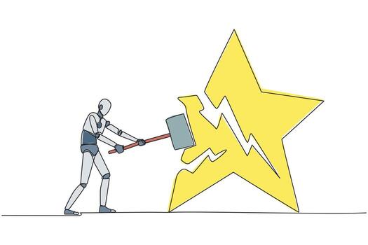 Single continuous line drawing smart robot preparing to hit the big star. The destroyer of dream. Failed to get the best career position. Anger overflowed. AI tech. One line design illustration vector