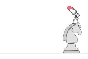 Single one line drawing robotic smart technology standing on top of the big horse chess and waving a flag. Business achievement goal, metaphor concept. Continuous line design graphic illustration vector