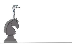Single continuous line drawing robotic smart technology on top of big horse chess piece using monocular looking for success, opportunities, future business trend. One line design illustration vector