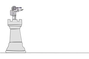 Single one line drawing young energetic astronaut on top of big rook chess piece using monocular looking for success, opportunities, future business trends. Continuous line design graphic illustration vector