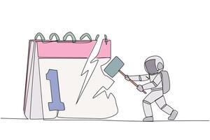 Continuous one line drawing astronaut preparing to hit the big desk calendar. Very angry expression. Lots of deadlines, holiday schedules become messy. Single line draw design illustration vector