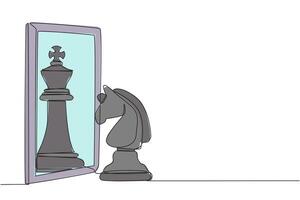 Continuous one line drawing horse chess standing in front of mirror, reflecting chess king. Metaphor of confidence. Success, opportunities concept. Chance. Single line draw design illustration vector