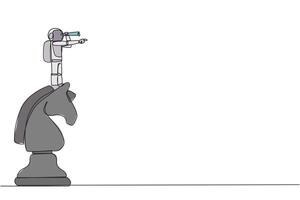 Single continuous line drawing young energetic astronaut on top of big horse chess piece using monocular looking for success, opportunities, future business trend. One line design illustration vector