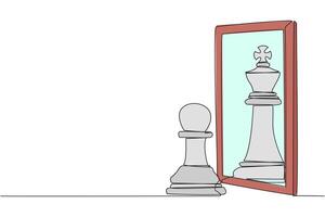 Continuous one line drawing pawn chess standing in front of mirror, reflecting chess king. Metaphor of confidence. Success, opportunities concept. Chance. Single line draw design illustration vector