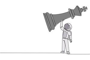 Single continuous line drawing young strong astronaut holding, lifting king chess piece. Successful entrepreneurship tactics or strategy, superiority in business. One line design illustration vector